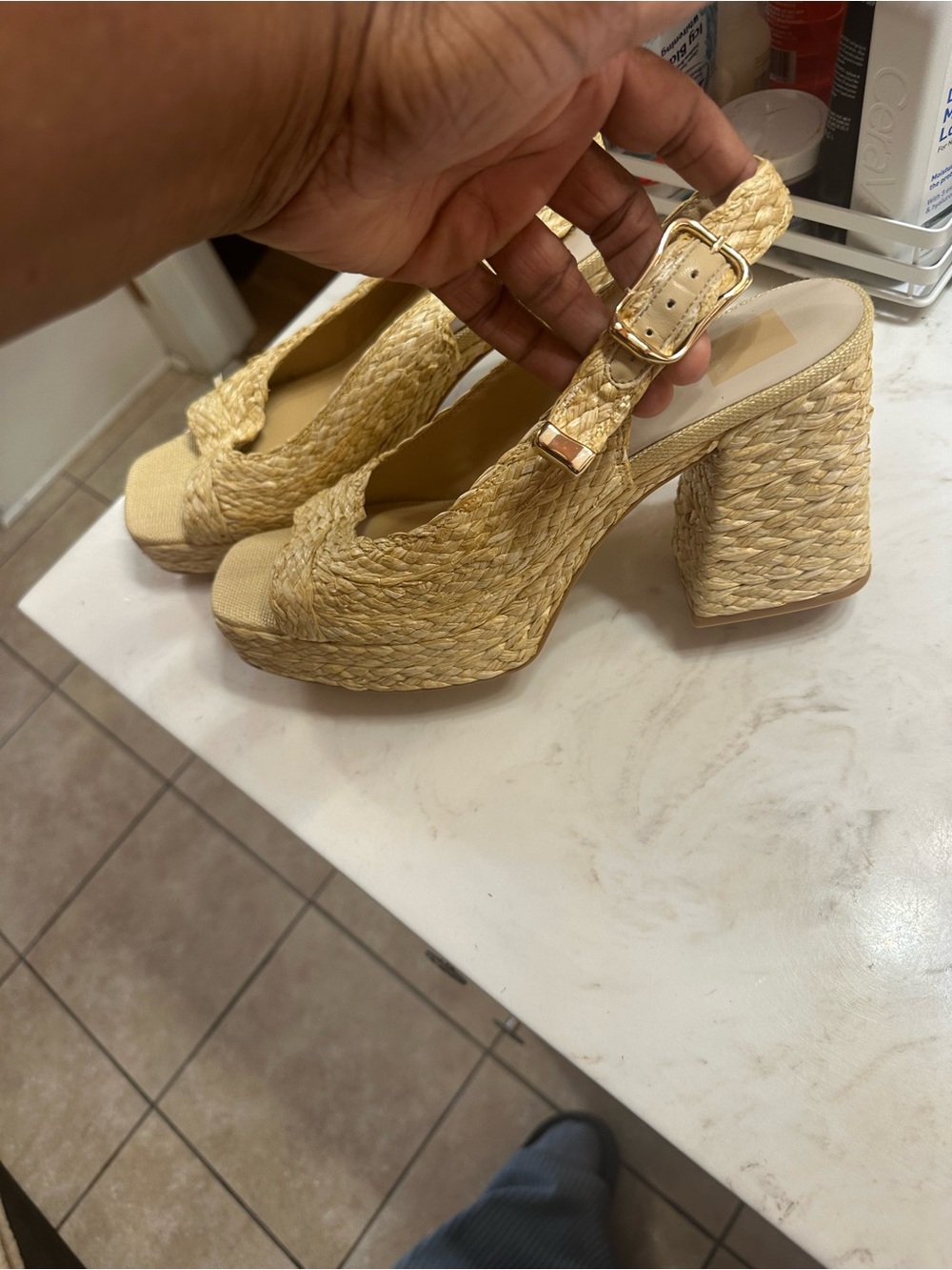 Journee Collection Natural Straw Woven Platform Slingback Heels